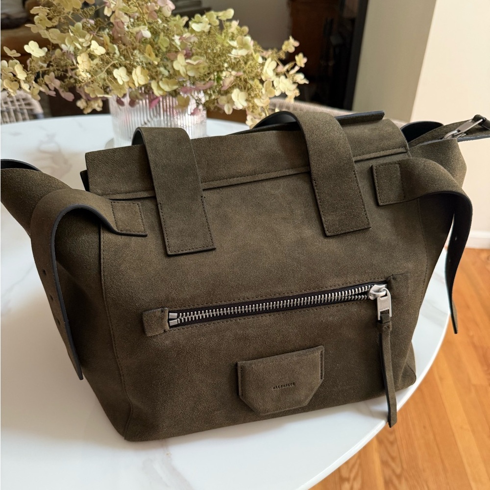 AllSaints Perez Olive Green Suede Tote Bag